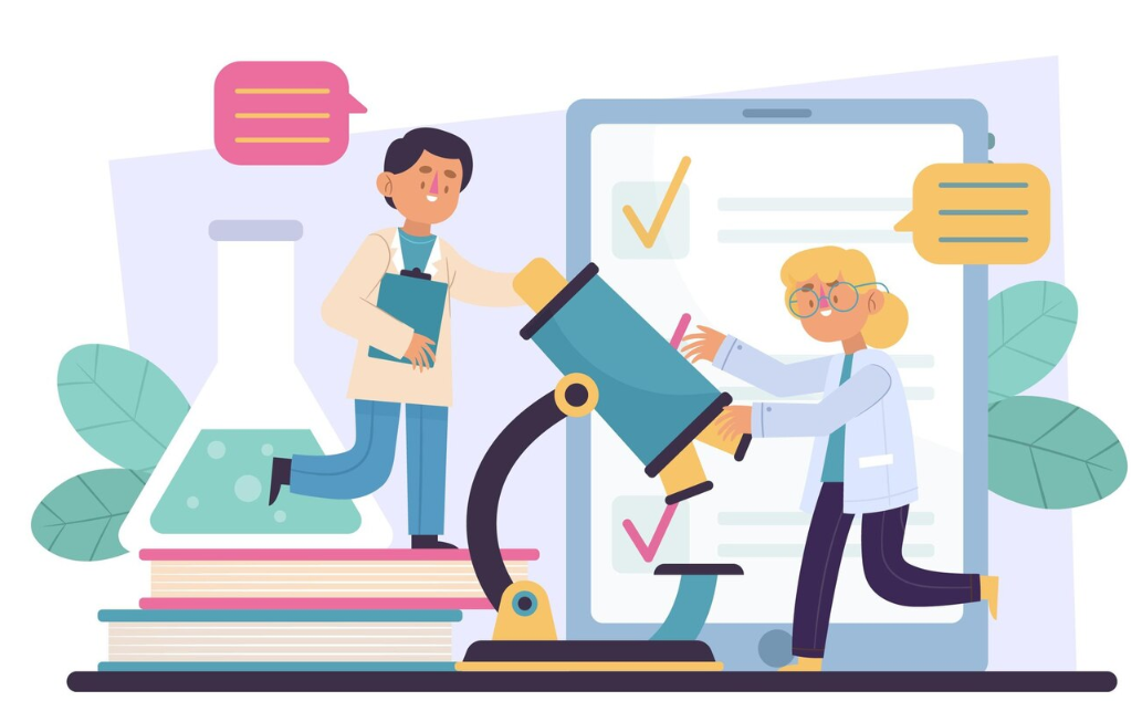 Illustration of scientists using a microscope and lab equipment, representing biological research