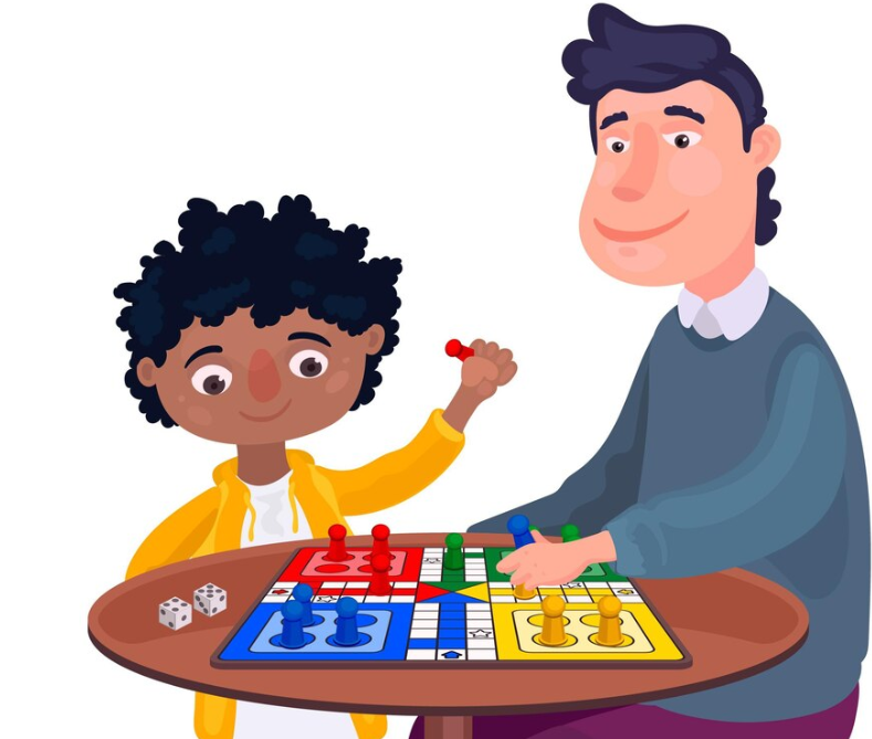 A kid playing Ludo with parents