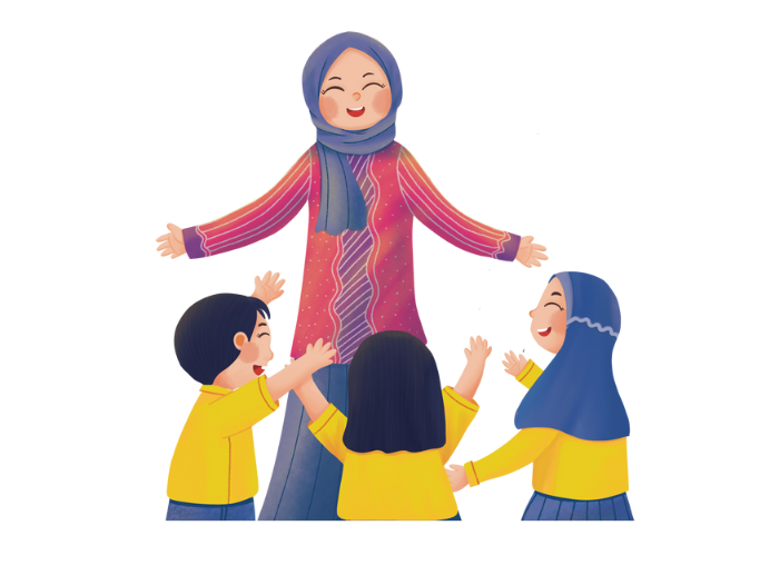 Illustration of a smiling woman wearing a hijab and colorful attire standing with open arms, surrounded by three happy childrenâtwo girls and one boyâreaching out to her in a cheerful and affectionate manner