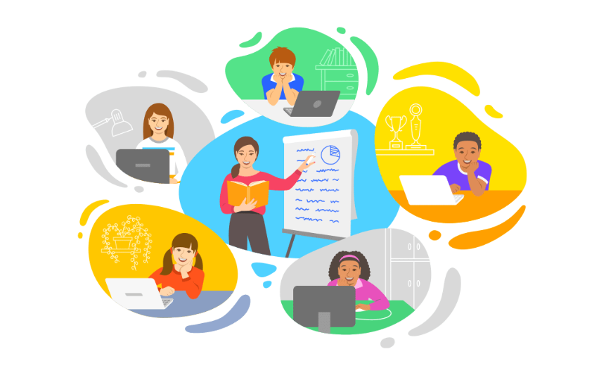 Illustration of students learning through various activities, including online study, reading, and teaching.