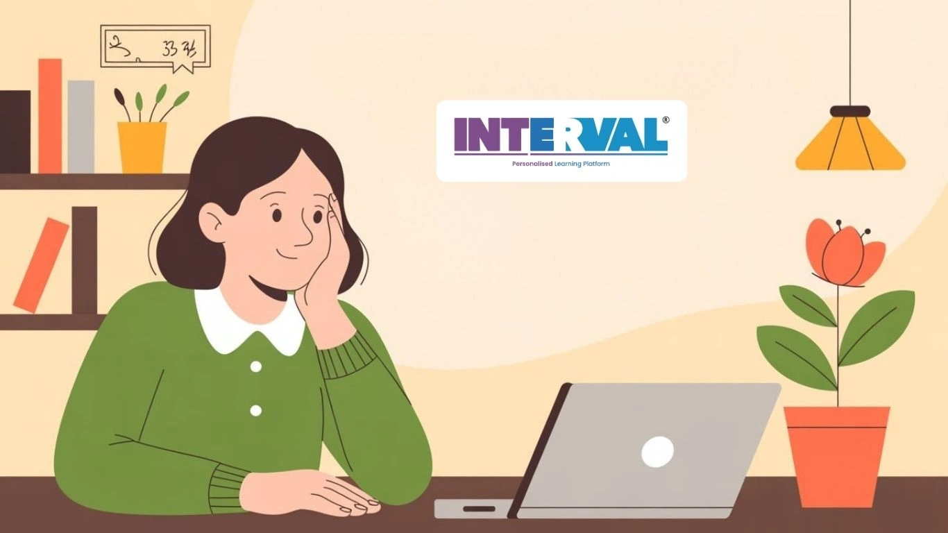 An illustration of a woman taking an online Montessori course for married women in Tamil Nadu from Eduzia, a personalised learning platform. She is sitting at her desk with a laptop, looking thoughtful and content in a com