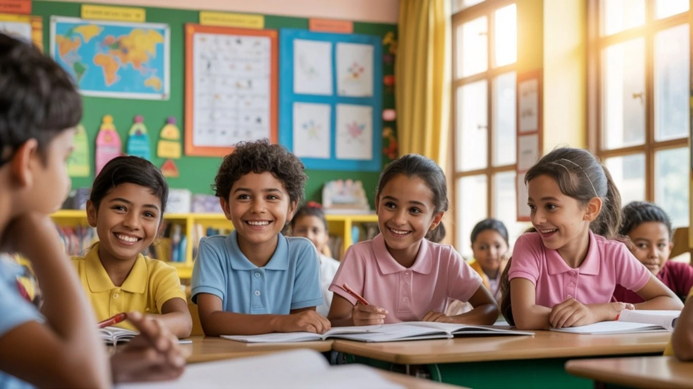 Smiling students in a classroom setting during the academic session as per Kerala School Educational Calendar 2025–26.