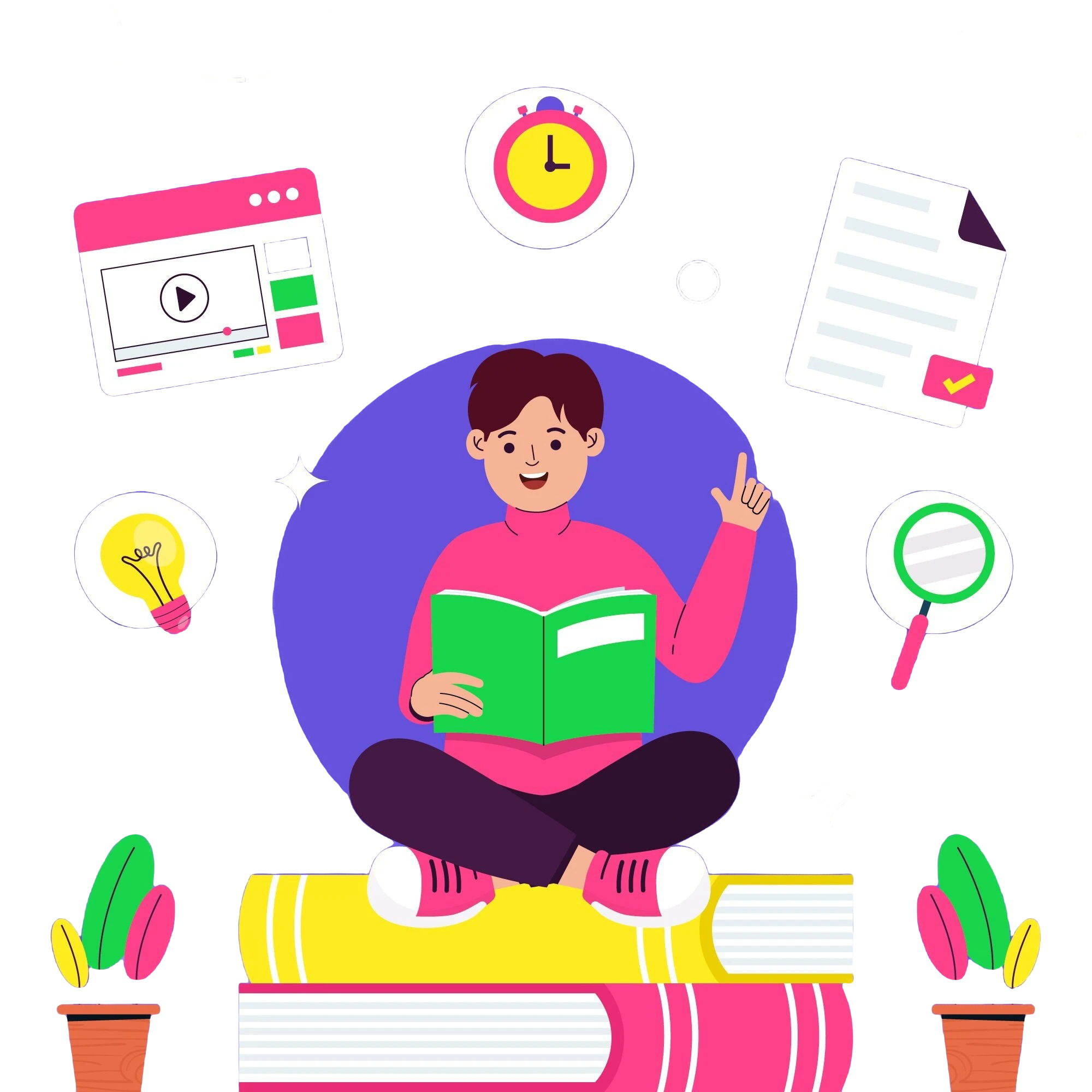 Student sitting on books, surrounded by icons symbolizing learning tools like a book, clock, light bulb, and checklist