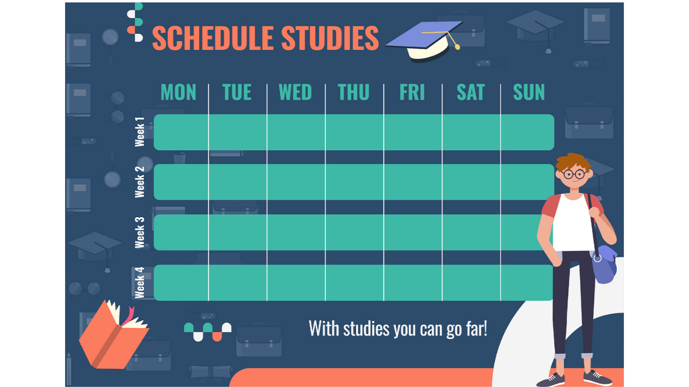 Study schedule template with a weekly planner (Monday–Sunday) for four weeks. Features a student illustration, educational icons, and the phrase 'With studies you can go far!
