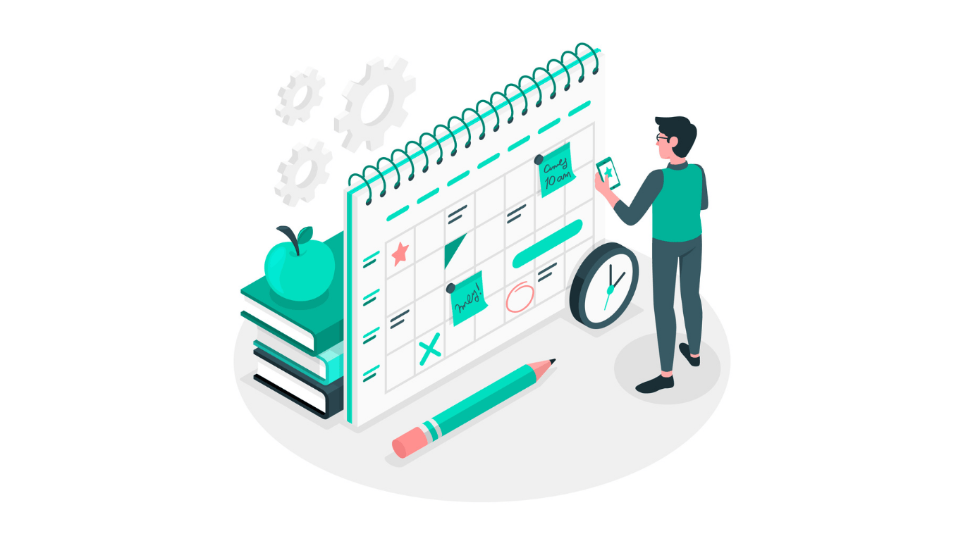 Illustration of a person planning a schedule on a large spiral-bound calendar. The scene includes a clock, books with an apple on top, a pencil, and floating gears, symbolizing organization and Study planning.