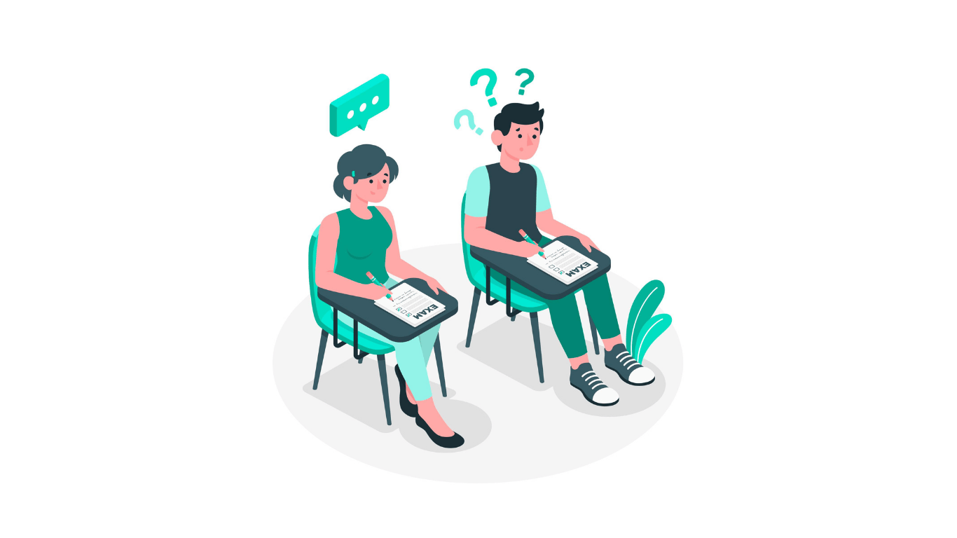 Illustration of two students sitting in an exam hall; the female student appears confident, while the male student looks confused with question marks above his head.