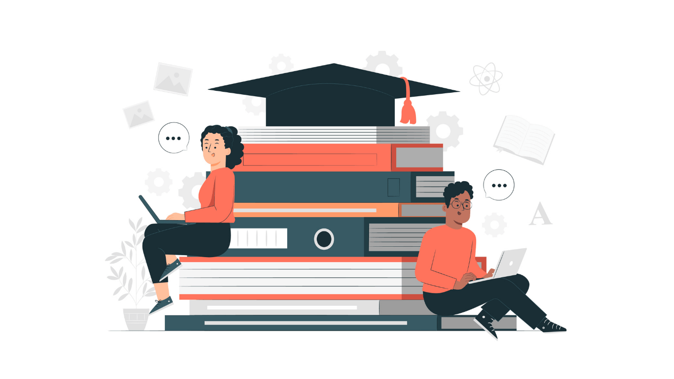 Illustration of two students studying with laptops while sitting on a stack of large books, topped with a graduation cap, symbolizing education and academic success.