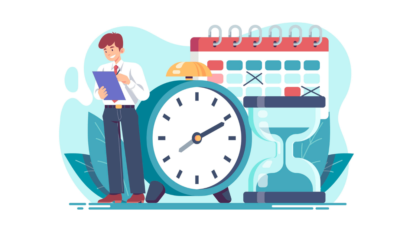 An illustration of time management featuring a young man in formal attire holding a clipboard, standing next to a large alarm clock, an hourglass, and a calendar with marked dates. 