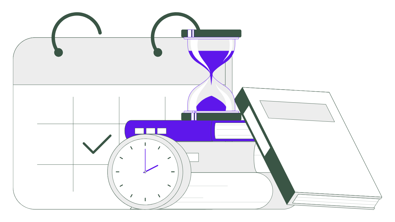 A study-themed illustration featuring a calendar with a checkmark, an hourglass, a clock, books, and a notebook, symbolizing time management and effective study planning
